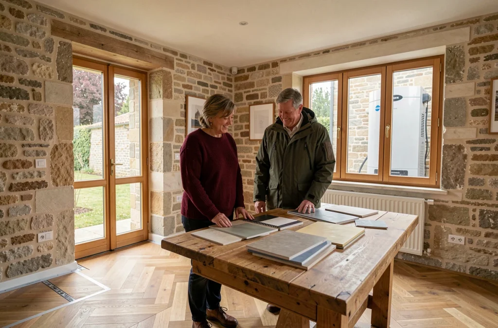 Couple de propriétaires examinant des matériaux de rénovation énergétique dans le salon d'une maison en pierre rénovée