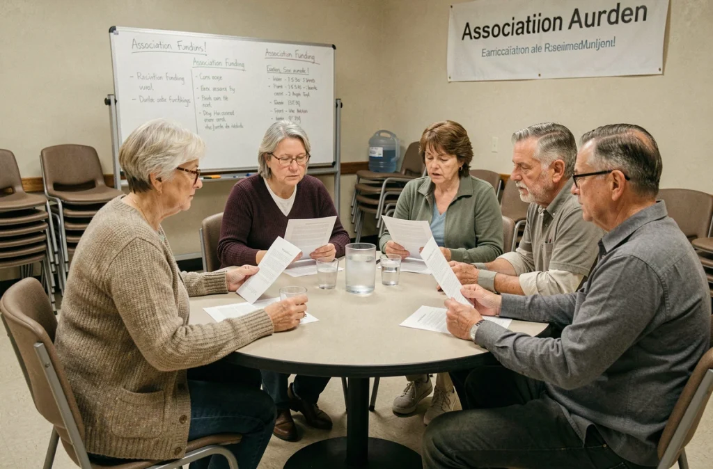 Réunion d'aidants familiaux autour d'une table dans une salle associative pour discuter des aides au financement des séjours de répit