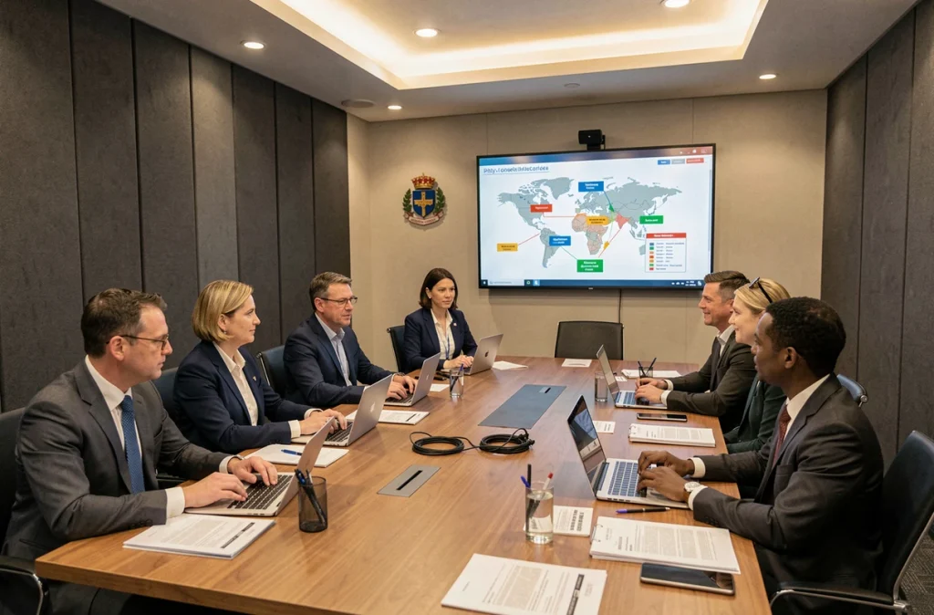 Réunion de responsables gouvernementaux et de spécialistes IT autour d'une table de conférence pour discuter d'un plan national de cybersécurité des collectivités