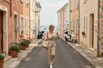 Femme consultant une carte dans une rue résidentielle tranquille de La Ciotat avec des façades provençales colorées