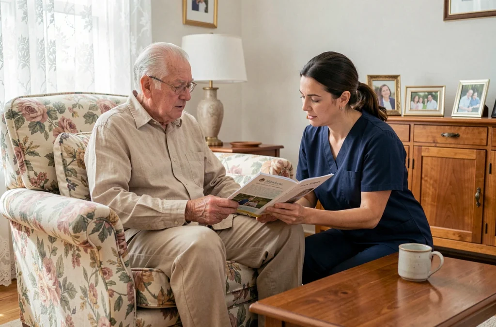Un senior aidé par une accompagnatrice à domicile consultant une brochure sur les séjours de répit