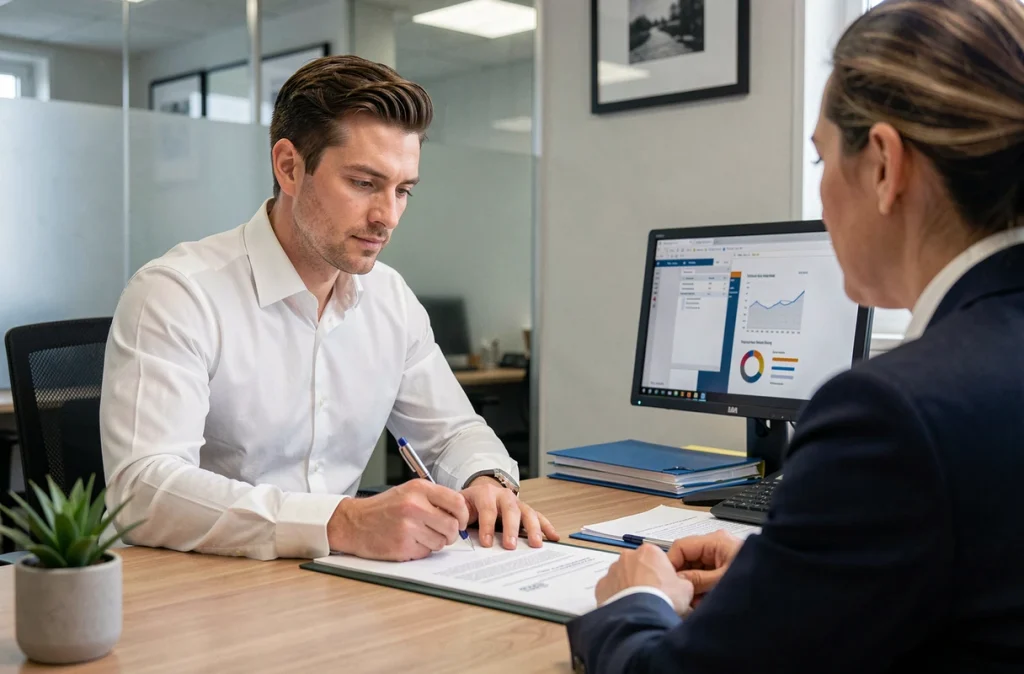 Homme signant un contrat de prêt immobilier dans une agence bancaire pour finaliser son premier achat