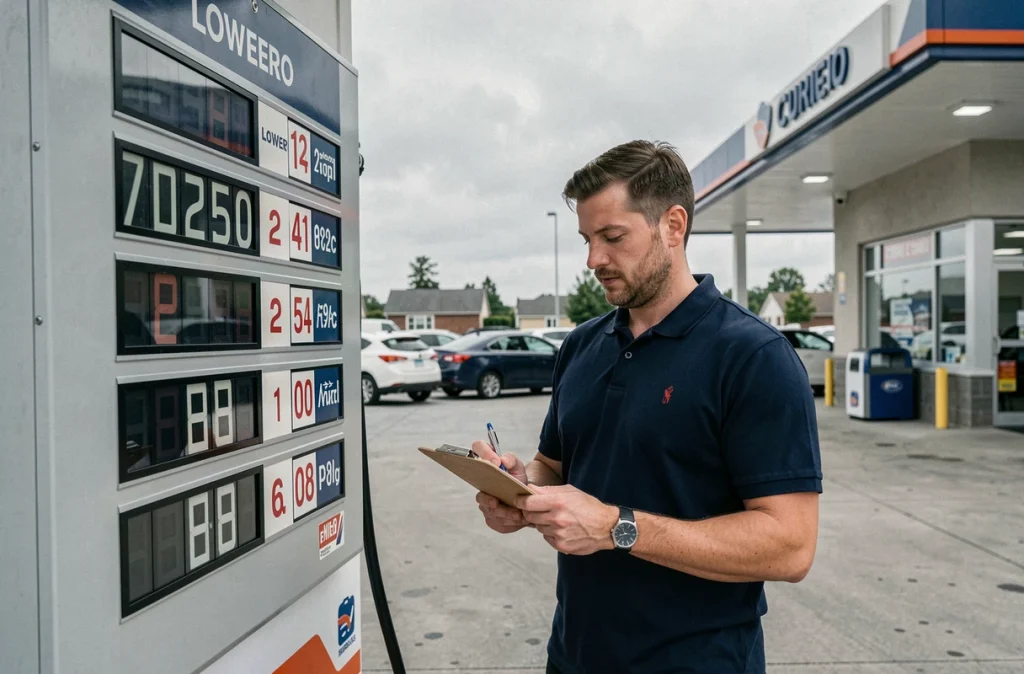 Employé de station-service devant un panneau de prix du carburant en baisse, symbolisant la réduction des coûts énergétiques
