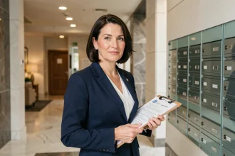 Syndic de copropriété professionnelle debout dans le hall d'un immeuble résidentiel moderne, tenant des documents de gestion