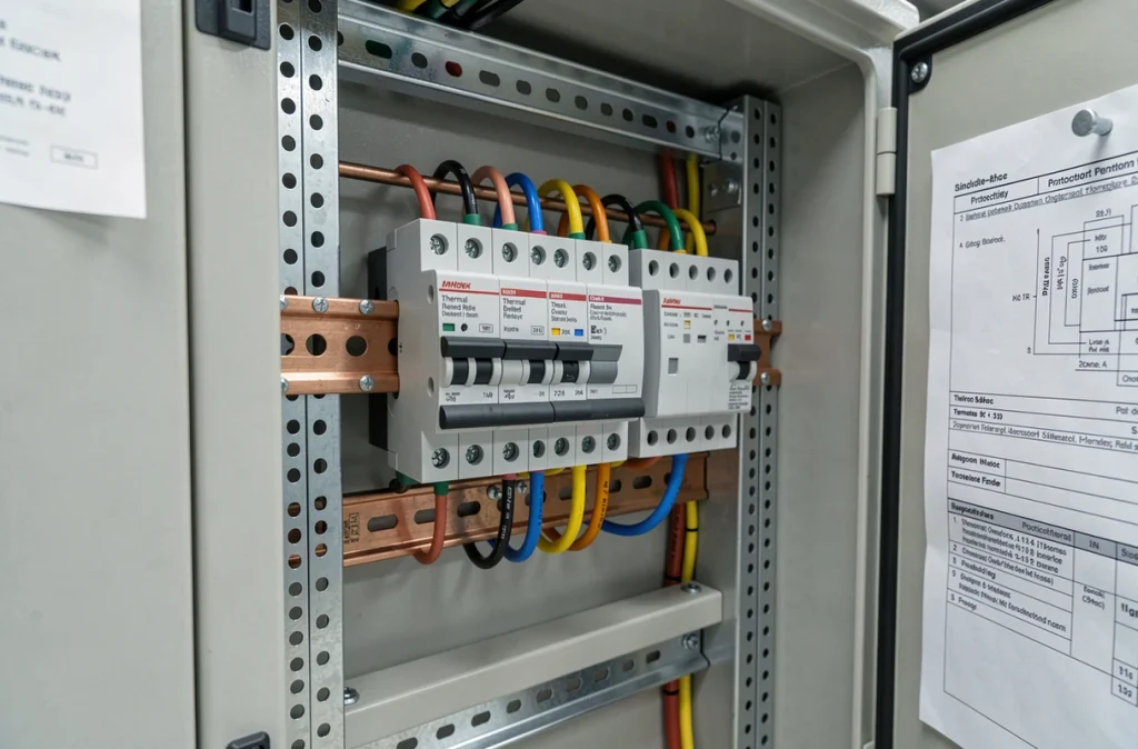 Tableau de protection électrique avec disjoncteurs et relais thermiques pour transformateur monophasé