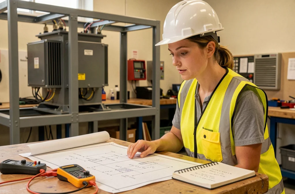 Technicienne électricienne consultant un schéma de dimensionnement des protections d'un transformateur triphasé