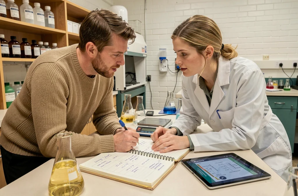 Deux techniciens de laboratoire collaborant sur des astuces de calcul PPM dans un notebook scientifique ouvert