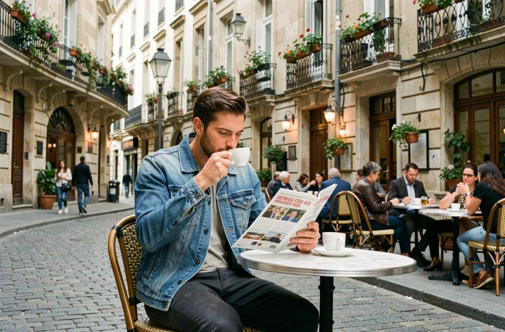 Homme détendu en terrasse de brasserie dans le quartier du Capitole à Toulouse, lisant un guide de sorties autour d'un café espresso