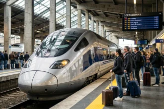 TGV à grande vitesse en gare sur la nouvelle ligne Paris-Bordeaux, passagers sur le quai