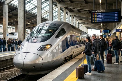 TGV à grande vitesse en gare sur la nouvelle ligne Paris-Bordeaux, passagers sur le quai