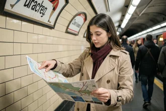 Touriste consultant un plan du métro de Paris dans une station aux murs carrelés de style Art Nouveau