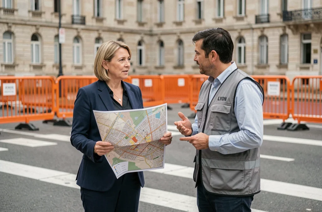 Urbanistes de la ville de Lyon étudiant la carte d'une zone piétonne expérimentale sur le terrain