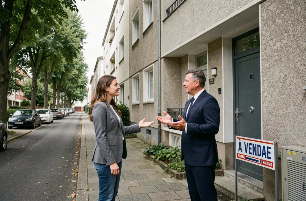 Femme visitant un appartement avec un agent immobilier lors d'une première recherche d'achat