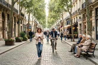 Zone piétonne élargie à Lyon avec des passants et des façades haussmanniennes, expérimentation urbaine 2024