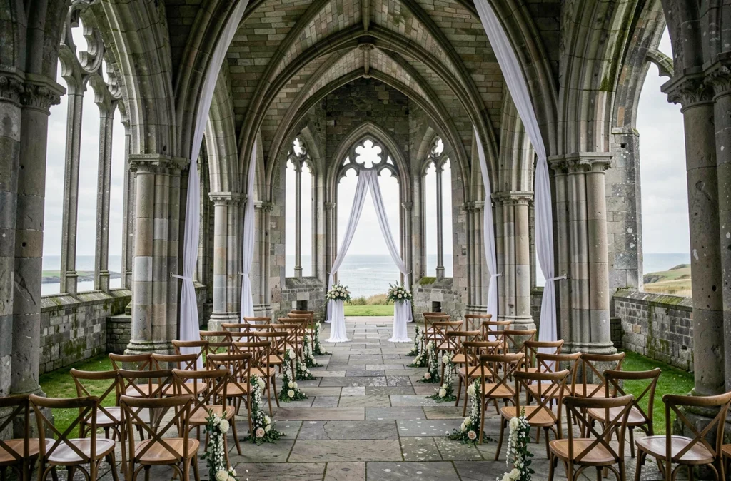 Abbaye de Beauport, nef gothique en ruines avec cérémonie de mariage entre colonnes médiévales et vue sur l'estuaire