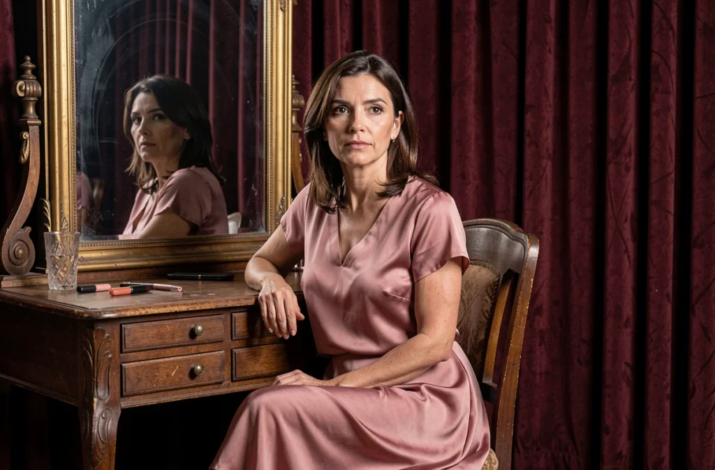 Actrice française dans les coulisses d'un théâtre parisien, assise devant un miroir de loge en robe de soie rose, regard introspectif et ambiance vintage