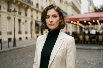 Actrice française élégante en blazer crème dans une rue pavée parisienne, portrait éditorial avec arrière-plan bokeh de façades haussmanniennes