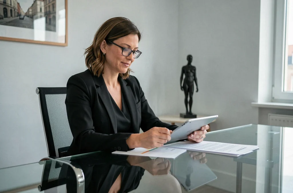 Avocate femme en robe noire et blazer, assise à un bureau en verre au Havre, consultant des documents sur une tablette