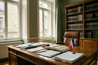 Bureau d'avocat en Seine-Maritime avec livres de droit et documents juridiques sur un bureau en bois, fenêtre donnant sur un bâtiment normand