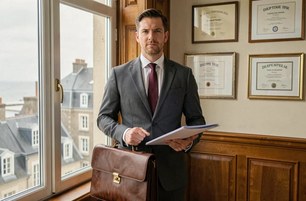 Avocat homme en costume gris tenant une mallette et des dossiers devant une fenêtre avec vue sur la ville de Dieppe