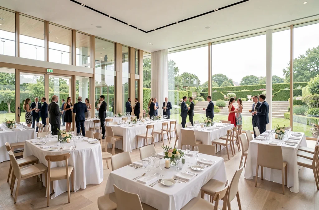 Carré Or Kervignac, salle de réception contemporaine vitrée avec vue sur jardin en terrasse lors d'un gala