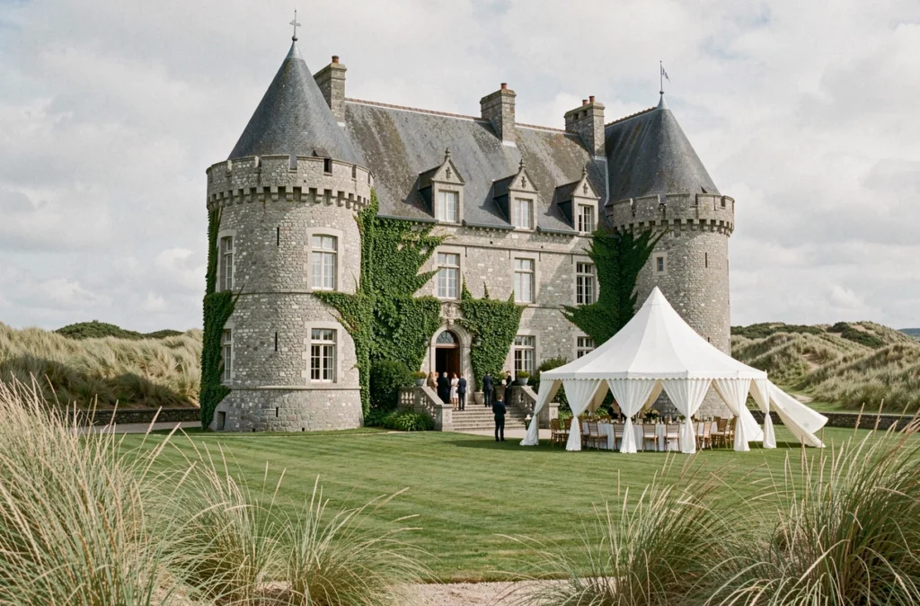 Castel du Nessay, château médiéval en granit breton avec réception extérieure sur les dunes côtières