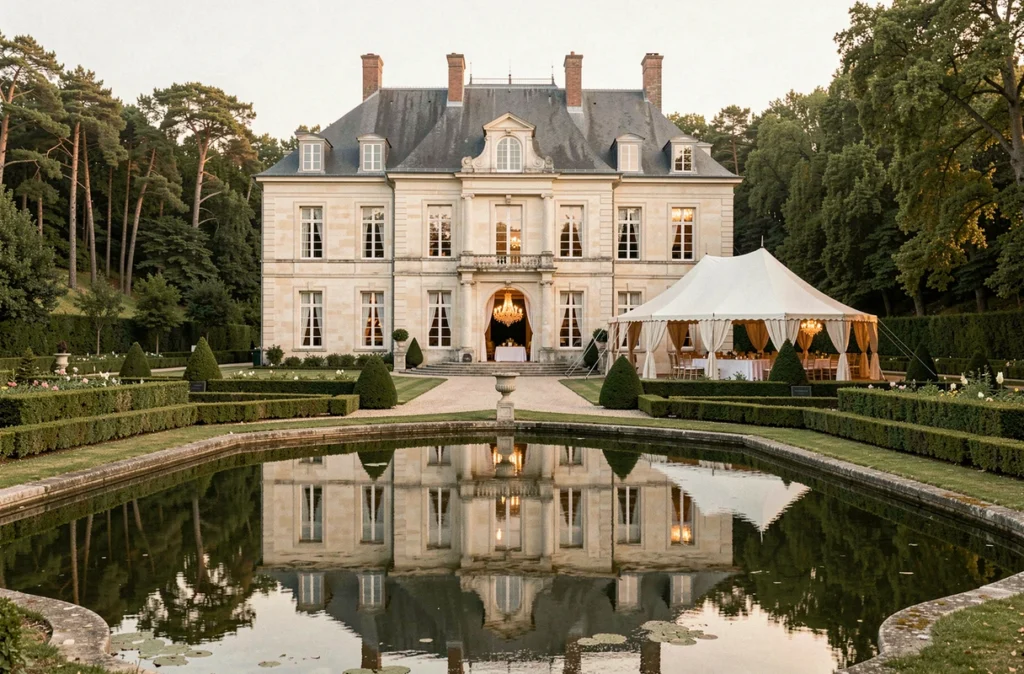 Château de Bois Guy, façade classique en pierre avec reflet dans le bassin et réception sous tente dans le parc