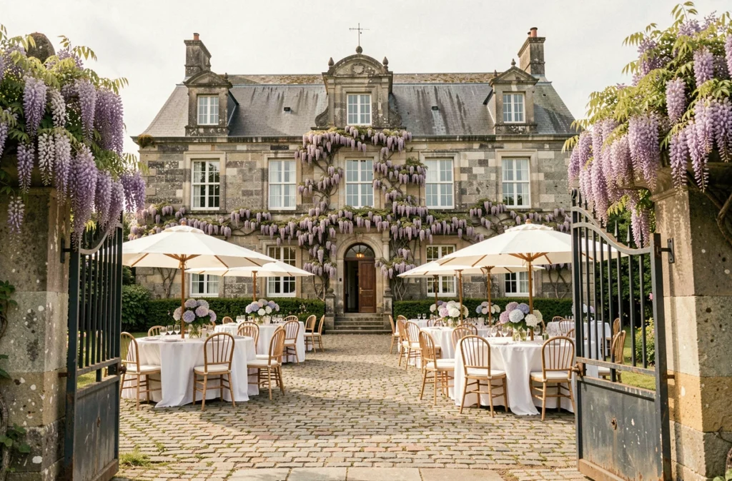 Château de Kergroadez, cour intérieure en granit avec réception de mariage sous parasols et hortensias