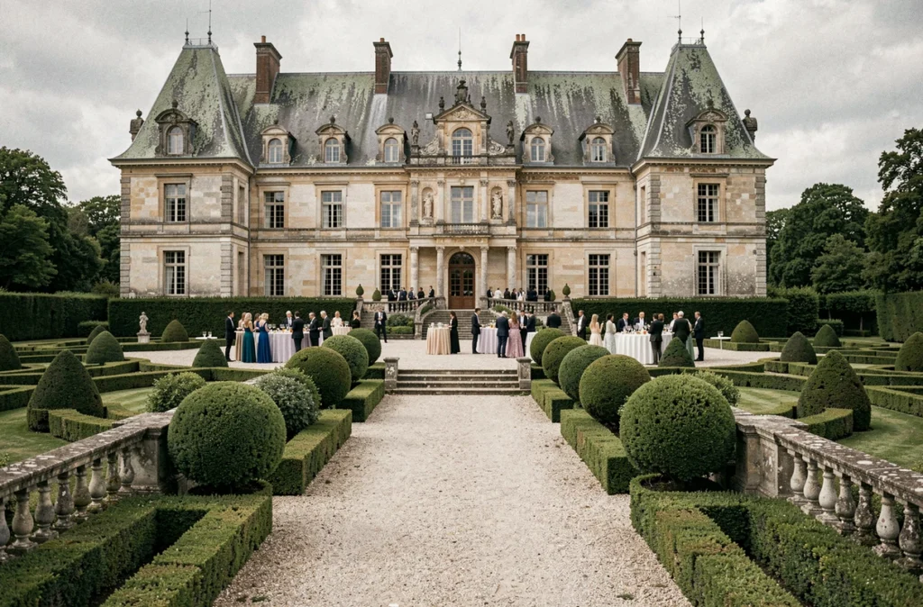 Château de la Ballue, jardins renaissants sculptés avec réception en terrasse et topiaires géométriques