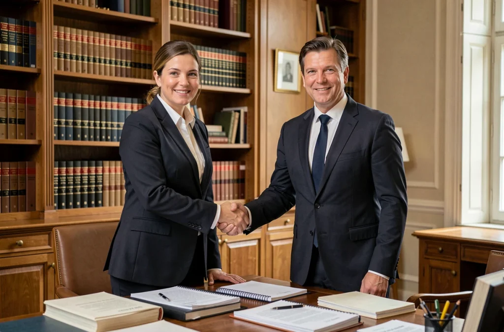 Deux avocats associés, un homme et une femme en costume, se serrant la main dans un cabinet d'avocats à Rouen