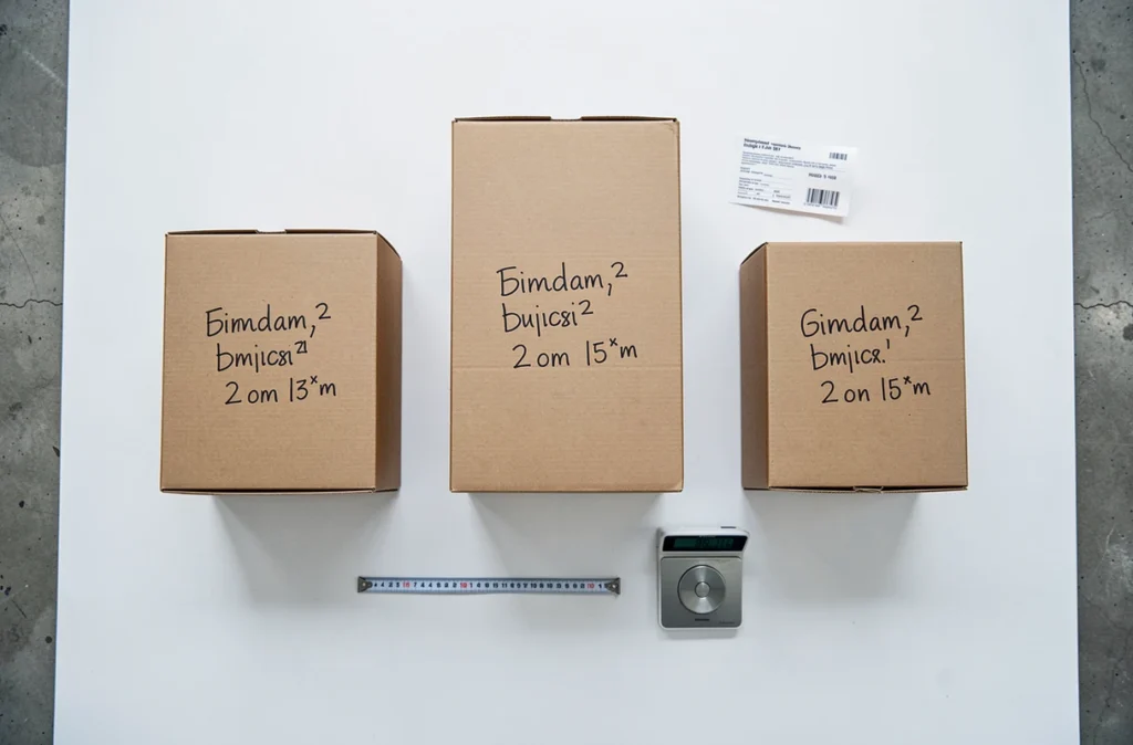 Vue aérienne de colis carton de différentes tailles avec annotations de dimensions et balance postale pour comparaison des gabarits Mondial Relay