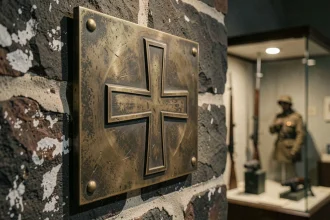 Plaque en bronze représentant la Croix de Lorraine exposée dans un musée d'histoire militaire française