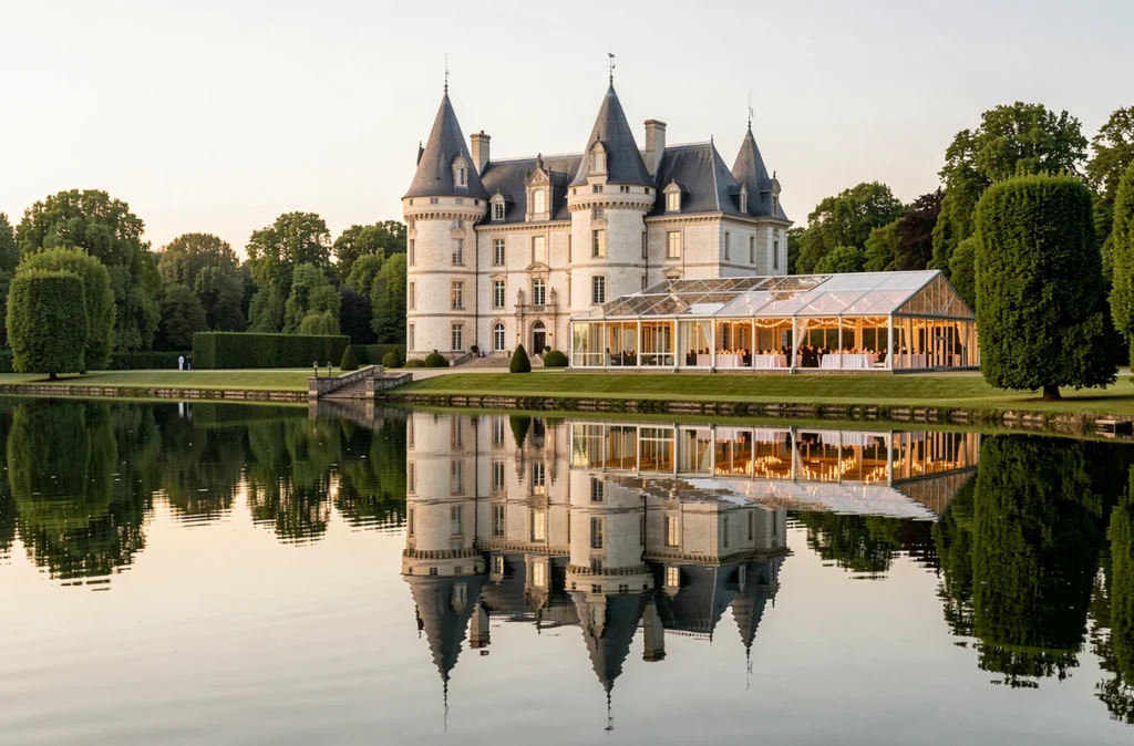 Domaine de la Bretesche, château avec reflet sur le lac et marquise vitrée pour réceptions de prestige