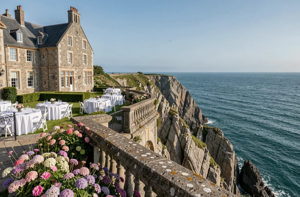 Domaine de Rochevilaine, terrasse de réception face à l'océan Atlantique avec vue sur les falaises bretonnes