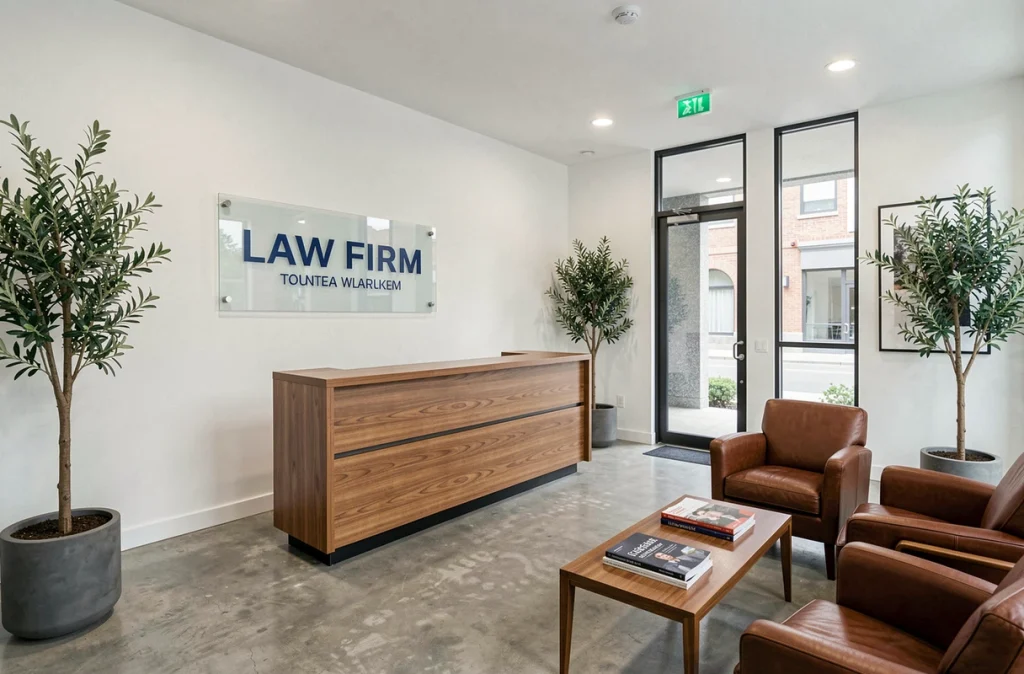 Accueil moderne d'un cabinet d'avocats avec design épuré, sol en béton poli et zone d'attente avec fauteuils en cuir