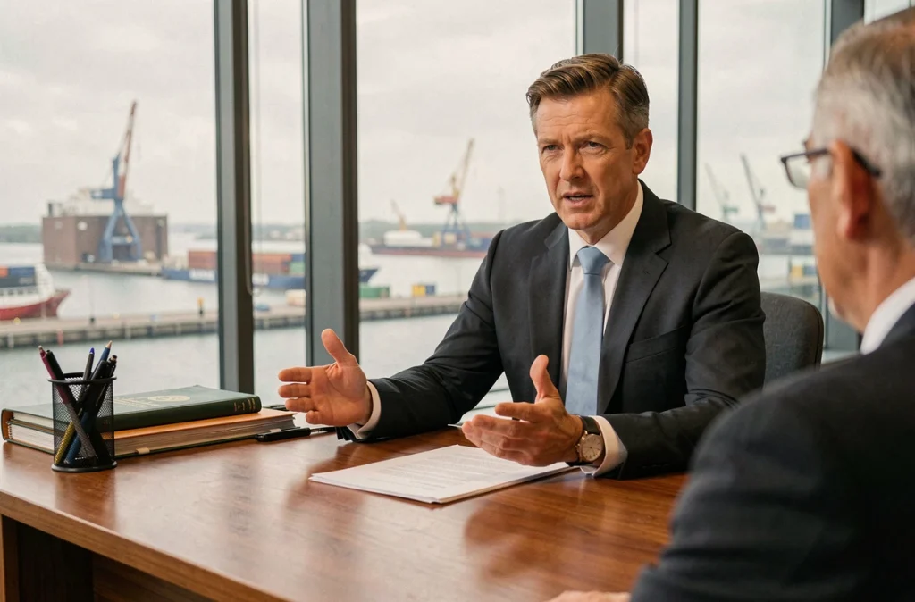 Avocat au barreau du Havre, homme en costume sombre, expliquant un document juridique lors d'une consultation avec vue sur le port