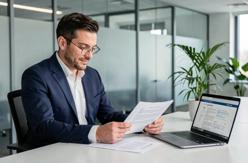 Avocat spécialisé en droit du travail, homme en costume marine, étudiant des contrats de travail dans un bureau moderne