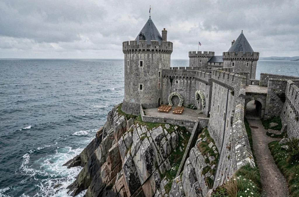 Fort la Latte, forteresse médiévale sur promontoire rocheux avec cérémonie en plein air dans la cour intérieure