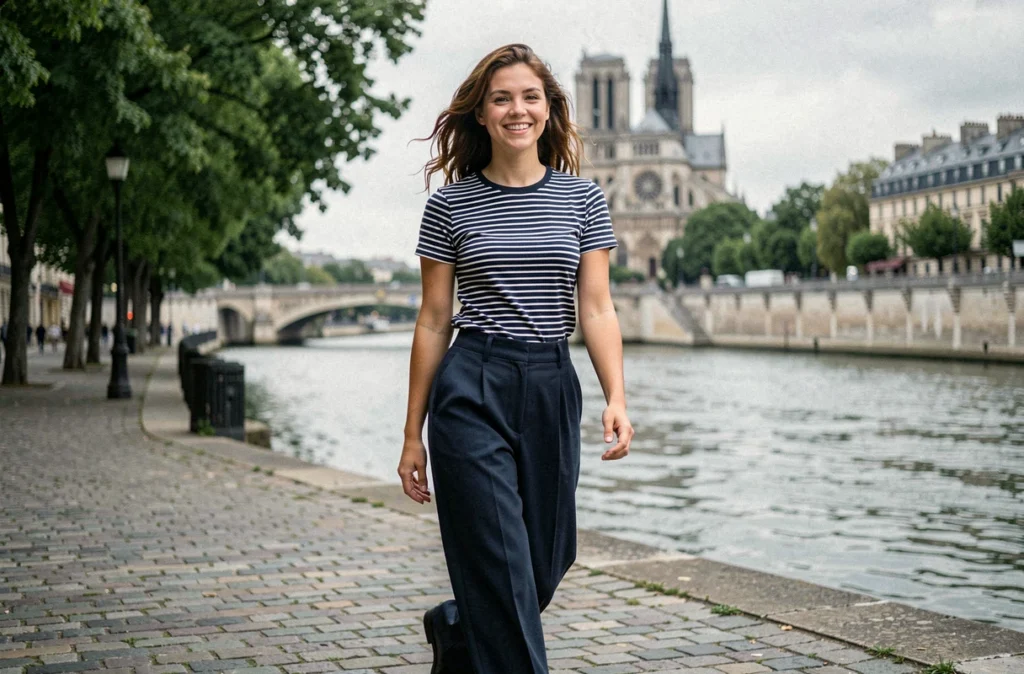 Jeune actrice française en marinière rayée marchant sur les quais de la Seine avec Notre-Dame en arrière-plan flou, style décontracté et spontané