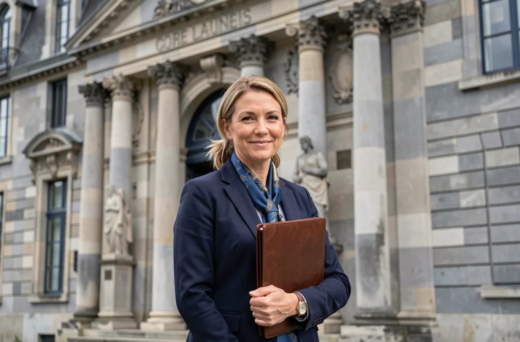 Avocate femme en blazer marine devant la façade du palais de justice de Rouen, tenant un portfolio juridique en cuir