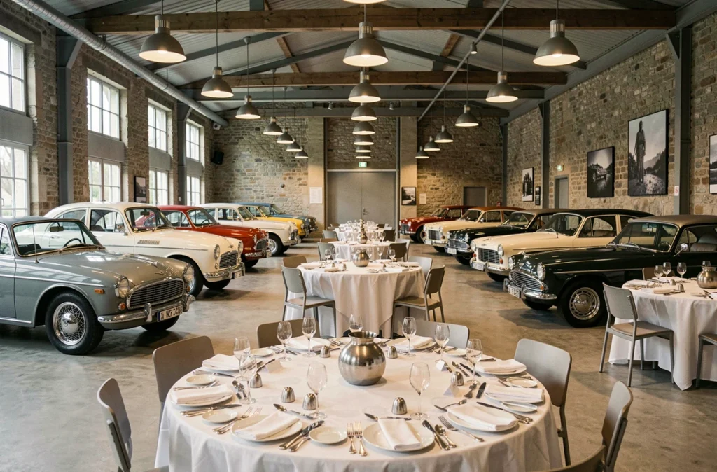 Manoir de l'Automobile de Lohéac, salle de réception avec voitures de collection exposées comme décor