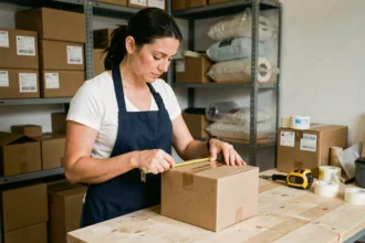 Femme mesurant un colis carton avec un mètre ruban sur un bureau d'expédition e-commerce pour vérifier les dimensions Mondial Relay