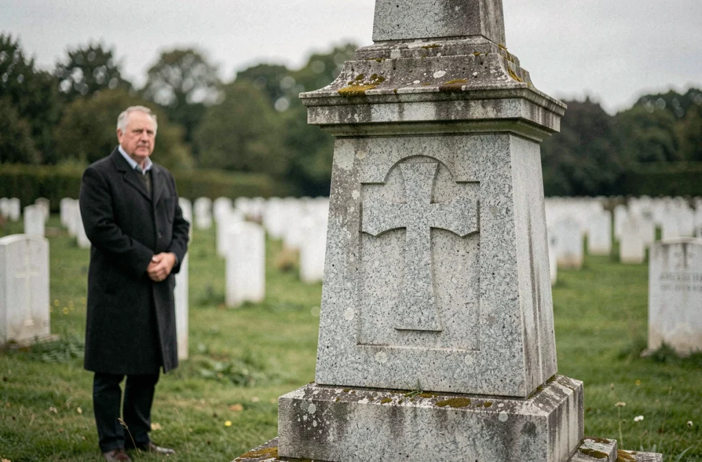 Monument commémoratif avec la Croix de Lorraine gravée dans un cimetière militaire français en campagne