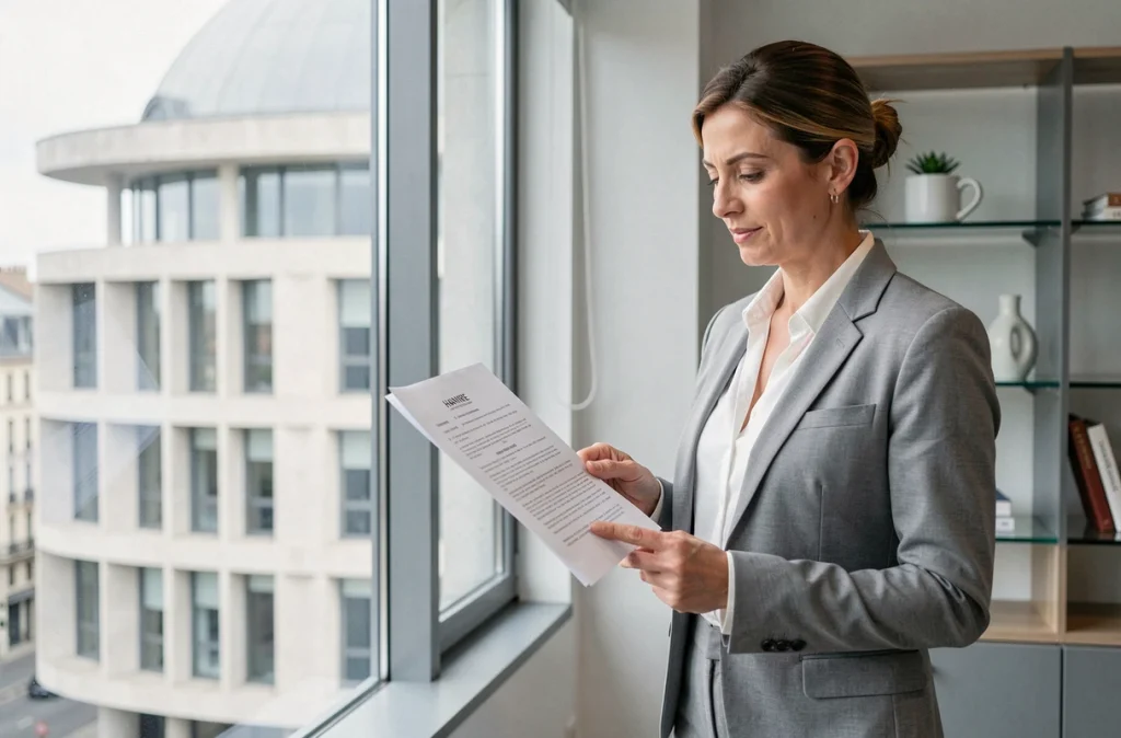 Avocate femme en tailleur gris clair tenant un dossier ouvert devant une fenêtre avec vue sur l'architecture du Havre
