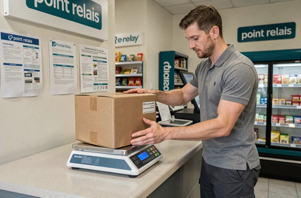 Employé d'un point relais Mondial Relay déposant un colis sur une balance postale pour vérifier le poids maximum autorisé
