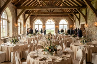 Salle de réception bretonne élégante avec murs en pierre, poutres apparentes et tables dressées pour un banquet