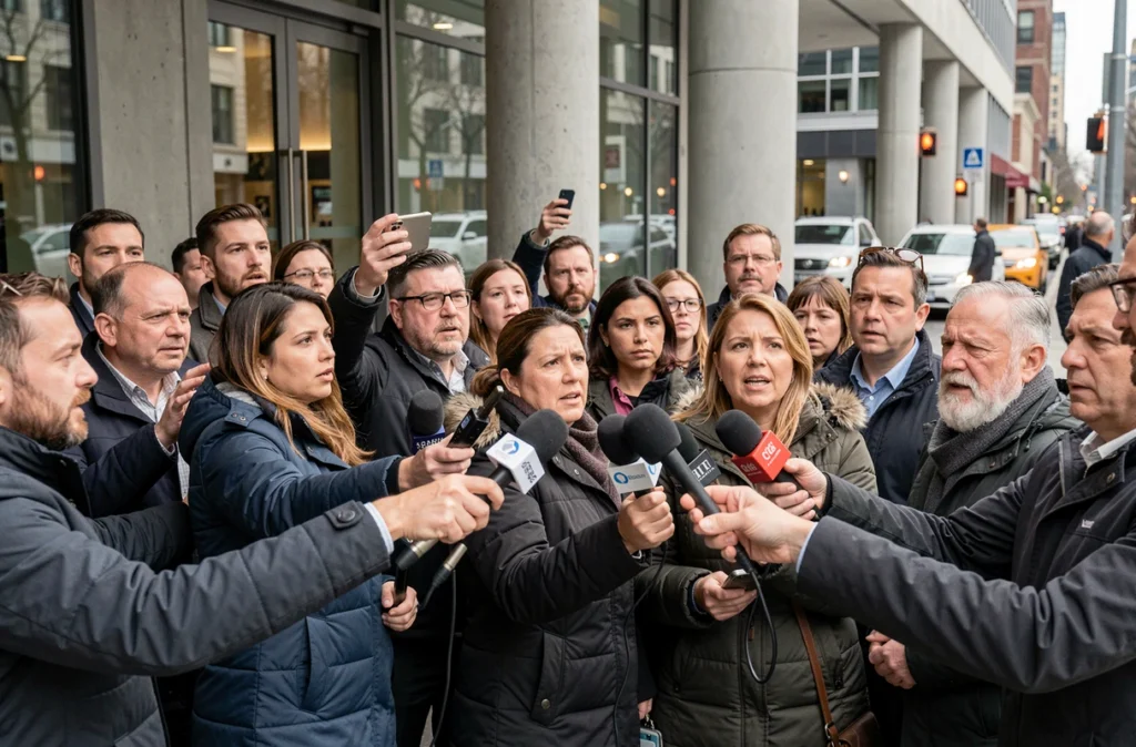Groupe de journalistes tendant microphones et appareils vers un sujet hors cadre devant un immeuble moderne, symbolisant la pression médiatique sur la vie privée