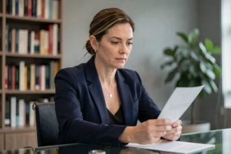 Femme en blazer marine protégeant un document dans un bureau moderne, illustrant la tension entre vie privée et exposition médiatique